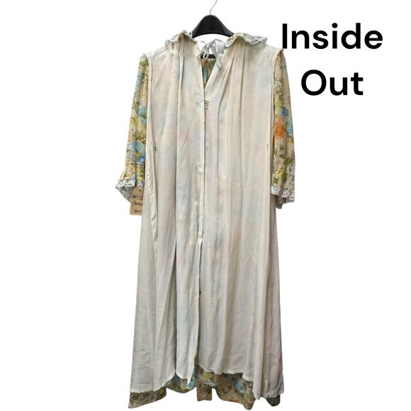 Vintage 1960s Delicate Floral Housecoat Yellow Robe White Lace Trim Ribbon Tie - Picture 12 of 16